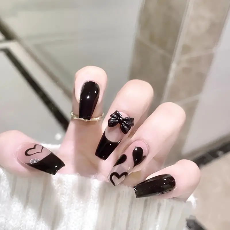 24 Pcs Black Bowknot Nails Design