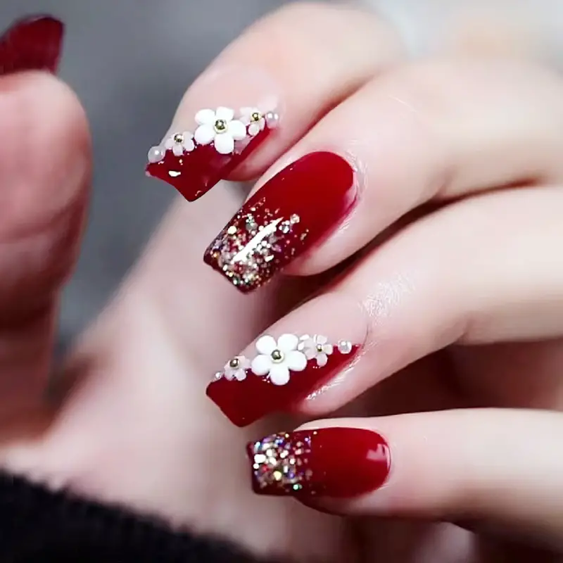 24 Pcs Valentines Red Coffin Shape Fake Nail