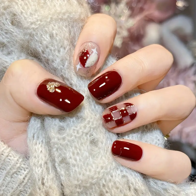 24pcs Fall Winter Fake Nails Rød