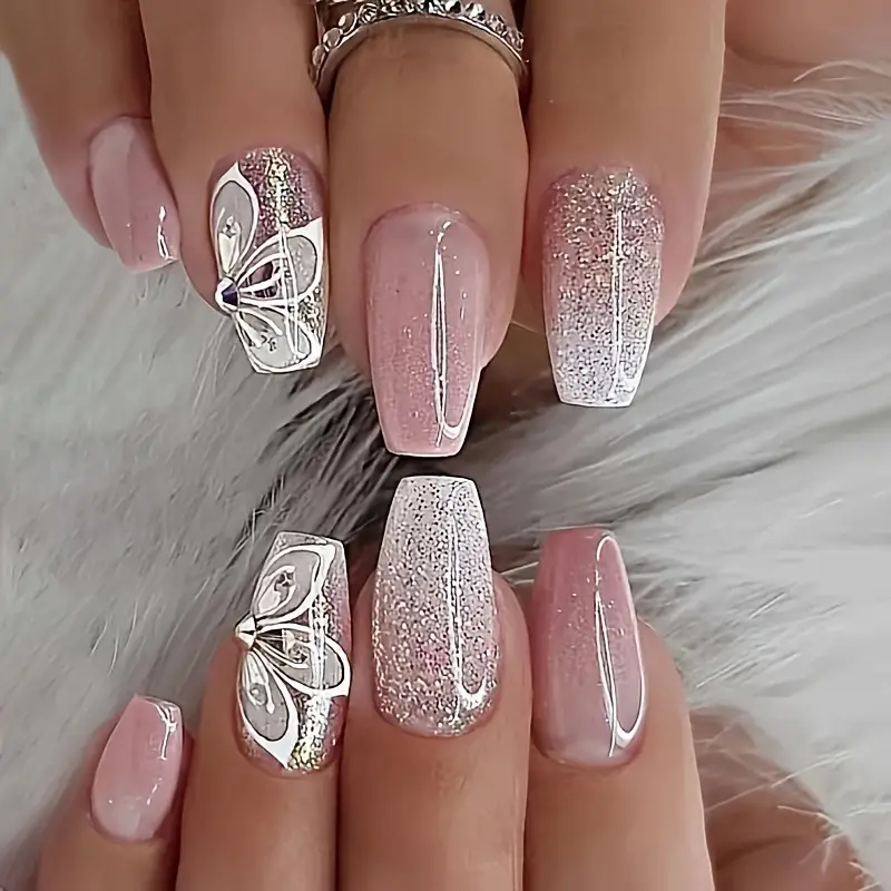 24pcs Glossy Long Ballet Fake Nails, Gradient Pinkish