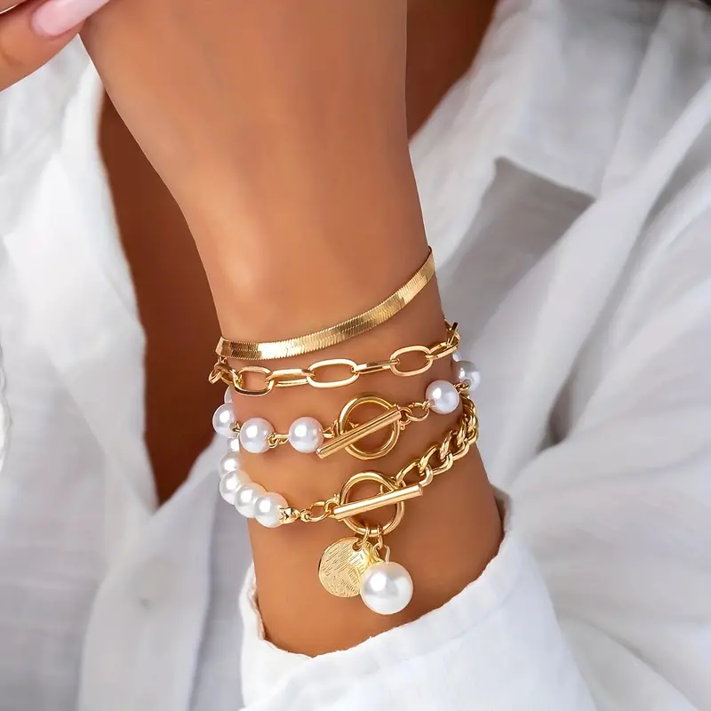 4 stk Faux Pearls anheng cubansk kjede armbånd sett