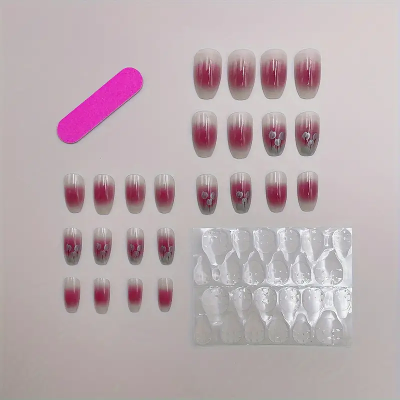 24pcs Glossy Medium Ballet Fake Nails with Tulip Design
