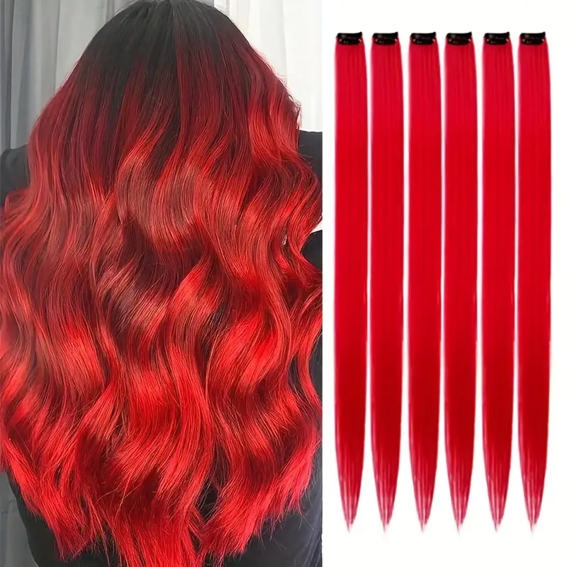 6 Stk Colored Hair Extensions Hairpieces - Rød