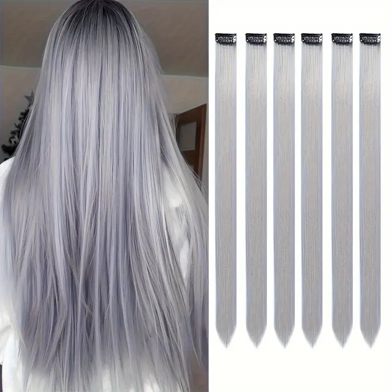 6 Stk Colored Hair Extensions Hairpieces - Grå