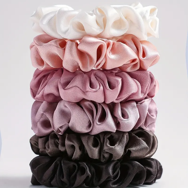 6 Stk Ensfarget Sateng Scrunchies Sett - Mykt Og Behagelig Hårbånd