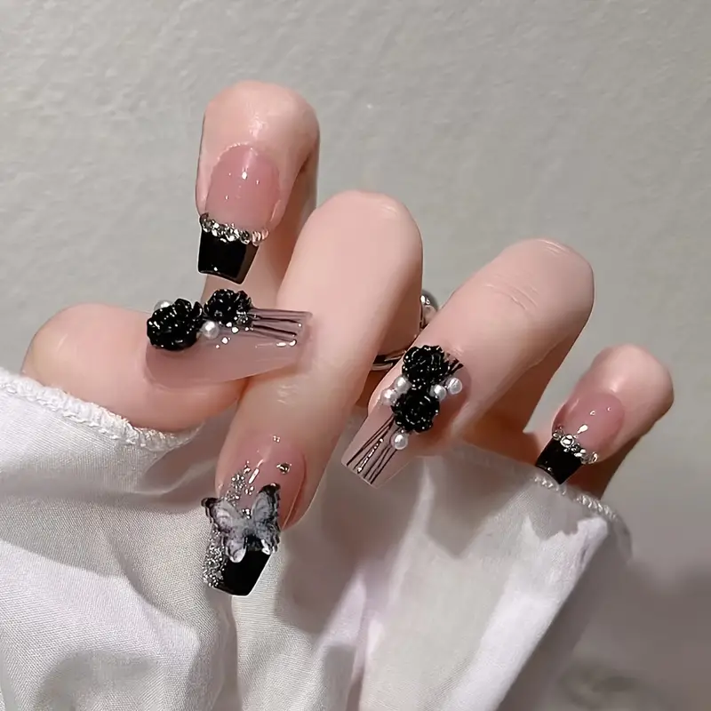 Black Fake Nail With 3D Camellia Butterfly Decor, Glitter