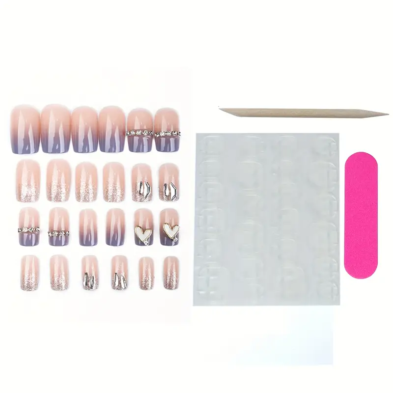 Stunning Y2K French Tip Press On Nails with Purple Tip and Rhinestones