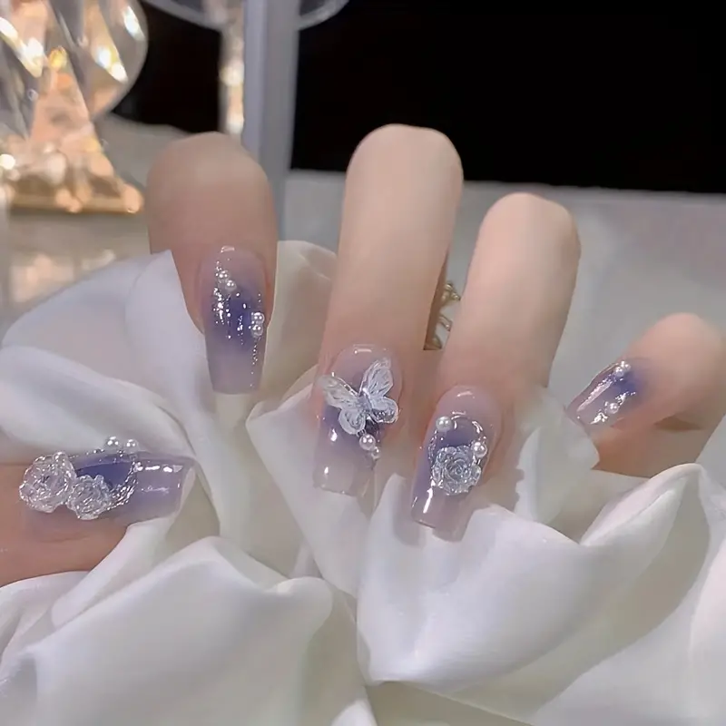Fake Nail With Transparent Butterfly Design, Glossy Full Cover