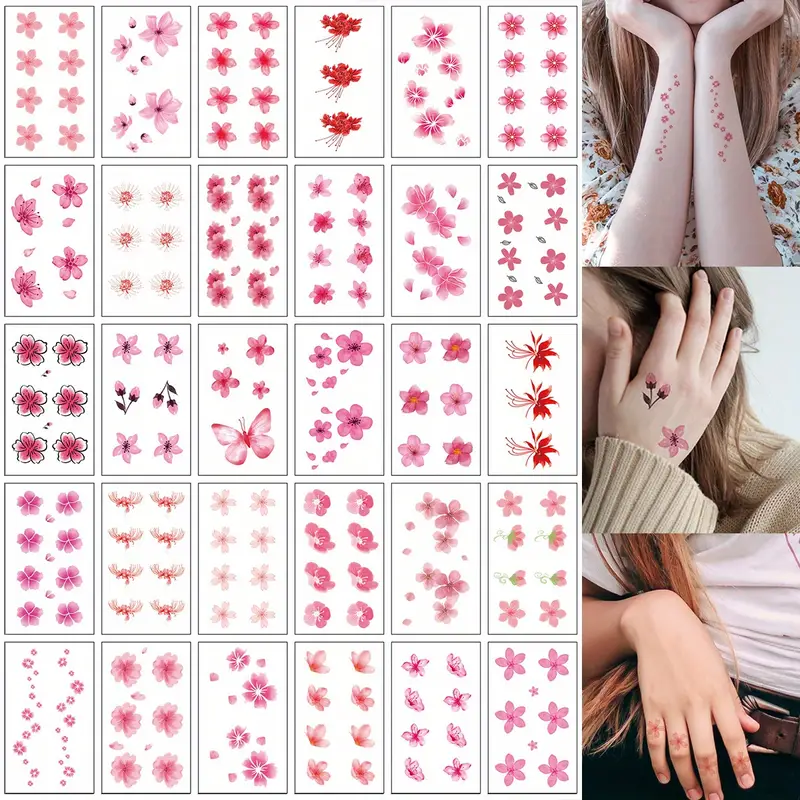 30Pcs Set Temporary Tattoo, Pink Sakura Petal Tattoo Stickers B