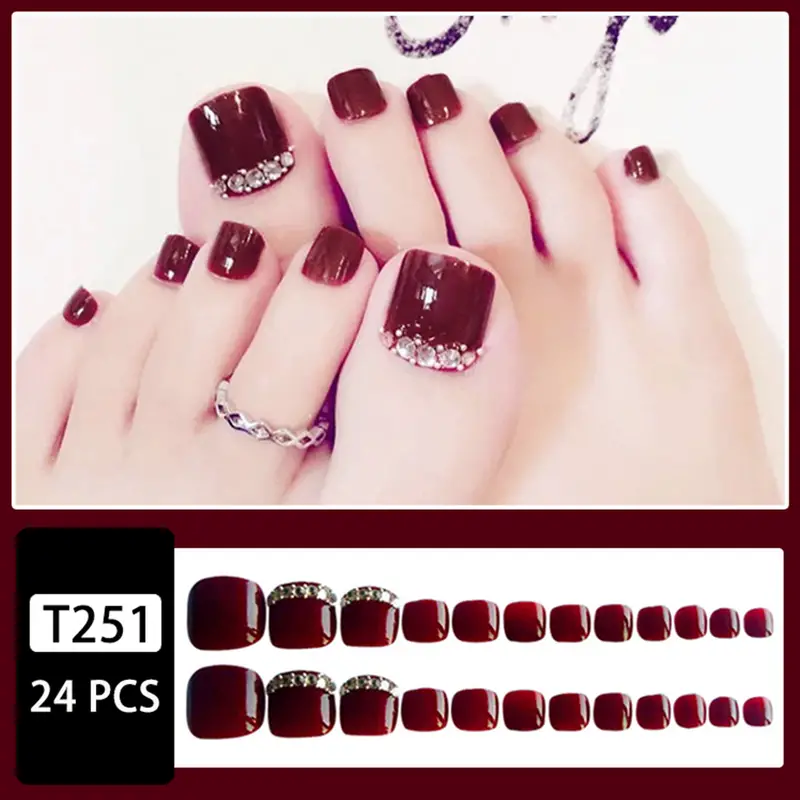24 stk Red Rhinestone Press On Tånegler for kvinner