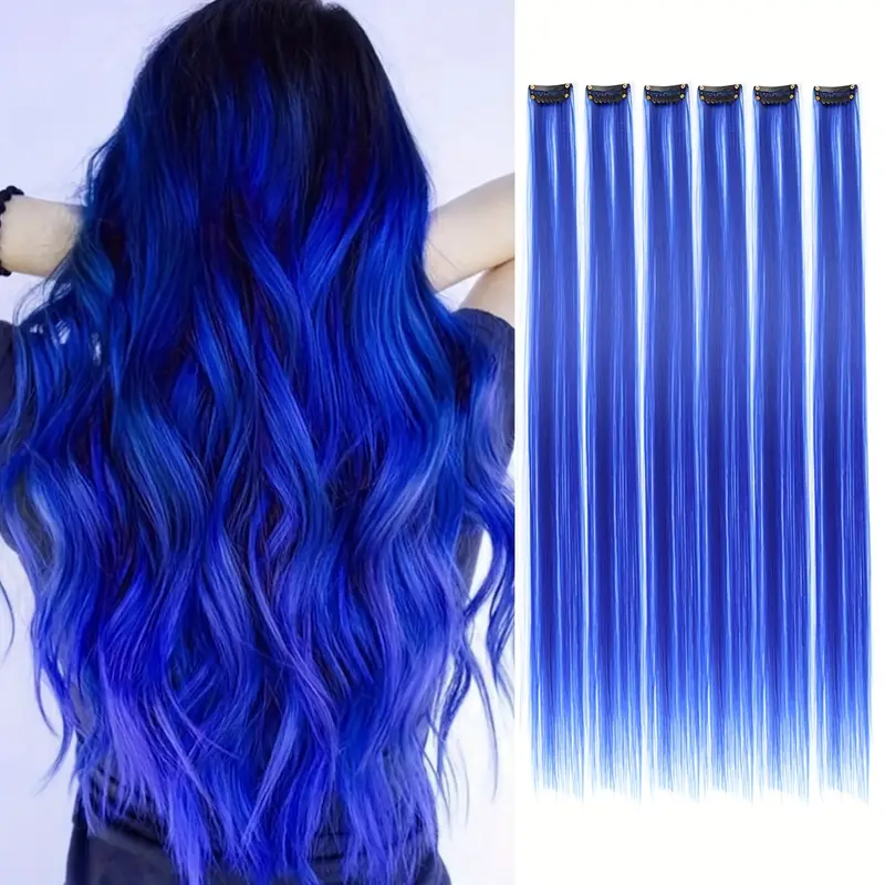 6 Stk Colored Hair Extensions Hairpieces - blå