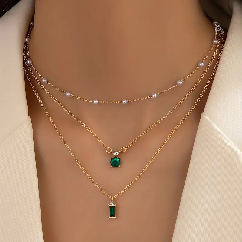 Genserkjede Creative Retro Imitation Emerald Faux Pearl Chain Flerlags halskjede